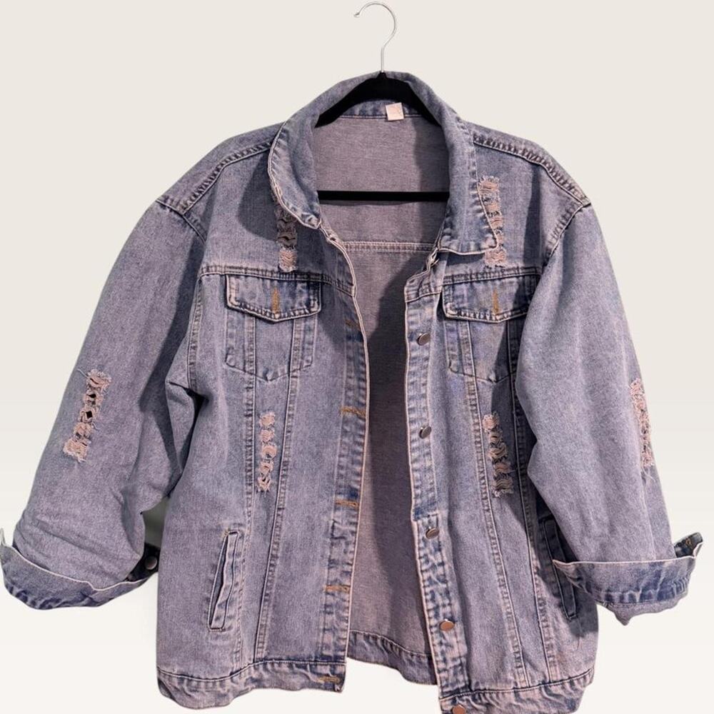 SHEIN Womens Blue Distressed Denim Jean Jacket Size Large